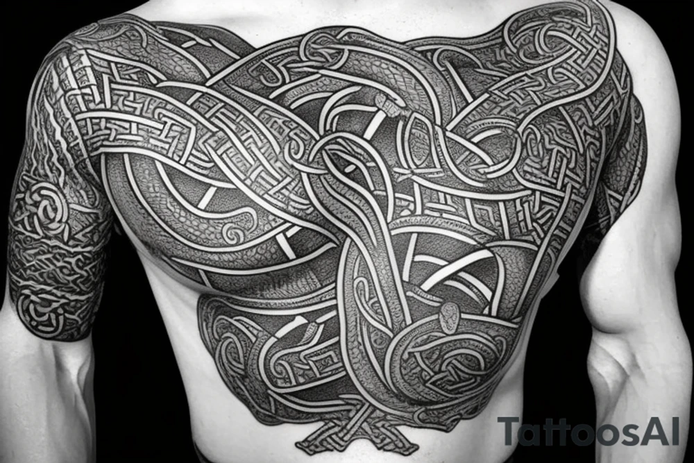 Oseberg style Viking stone carving arm sleeve into chest piece, sea serpent tattoo idea