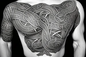 Oseberg style Viking stone carving arm sleeve into chest piece, sea serpent tattoo idea