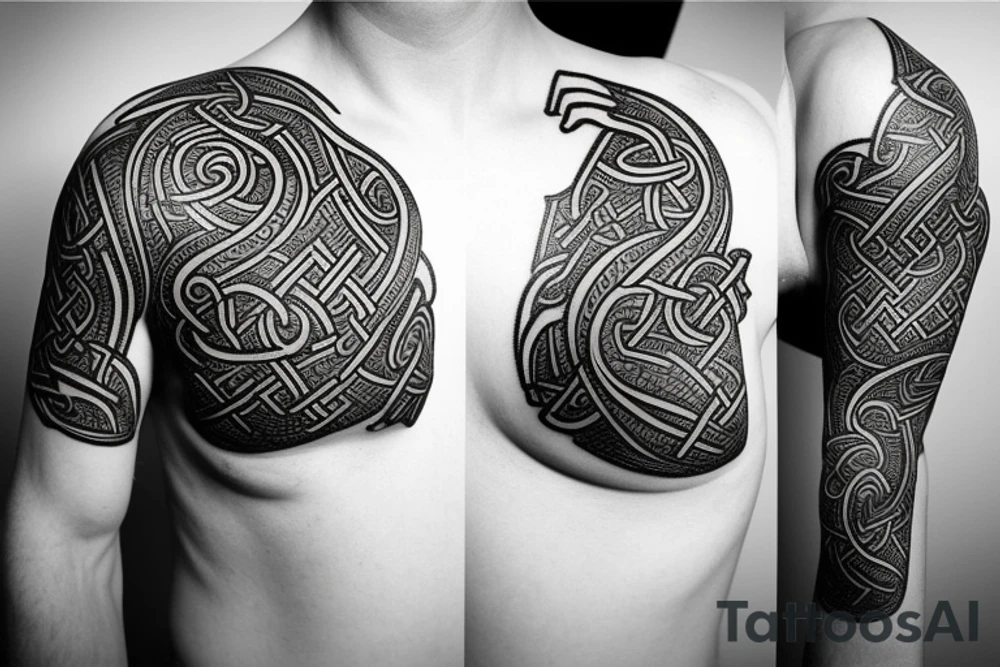 Oseberg style Viking stone carving arm sleeve into chest piece, sea serpent tattoo idea