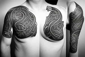 Oseberg style Viking stone carving arm sleeve into chest piece, sea serpent tattoo idea