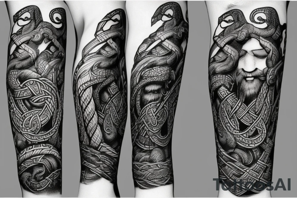 Oseberg style Viking jormungandr wood carving arm sleeve tattoo idea