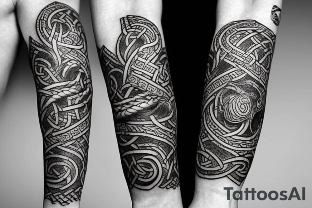 Oseberg style Viking jormungandr wood carving arm sleeve tattoo idea