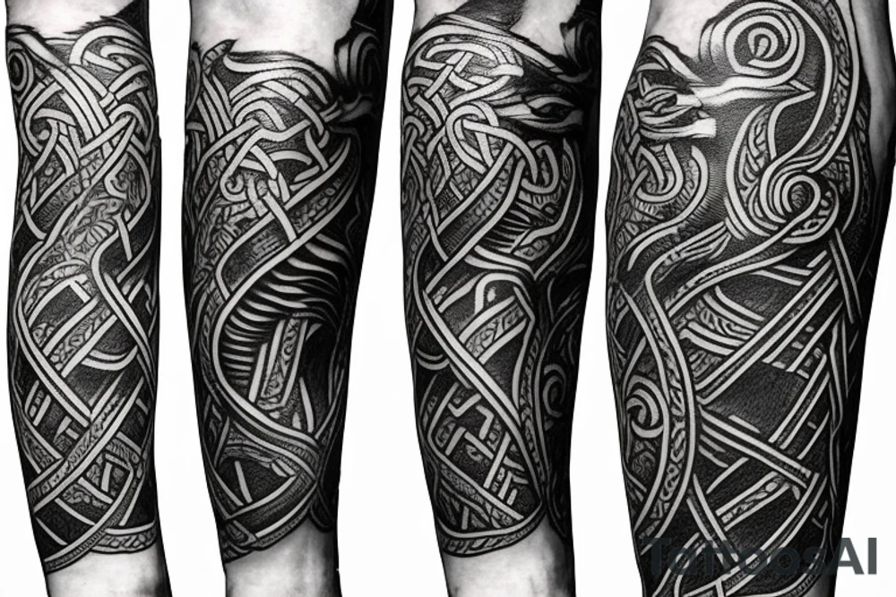 Oseberg style Viking jormungandr wood carving arm sleeve tattoo idea