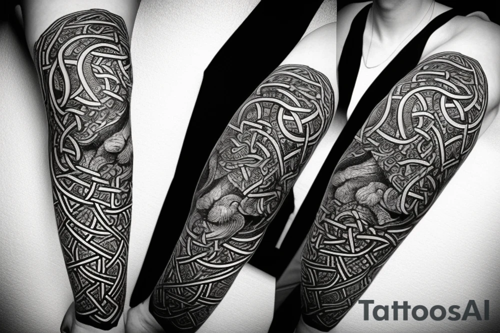 Oseberg style Viking jormungandr wood carving arm sleeve tattoo idea