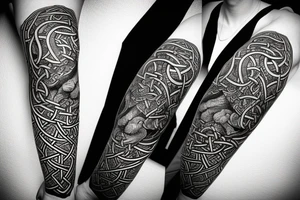 Oseberg style Viking jormungandr wood carving arm sleeve tattoo idea