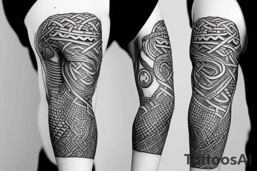 Oseberg style Viking jormungandr wood carving arm sleeve tattoo idea