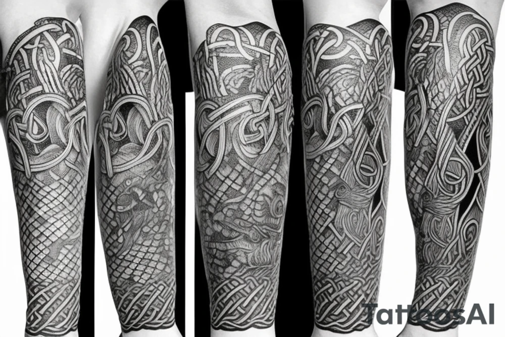 Oseberg style Viking jormungandr wood carving arm sleeve tattoo idea