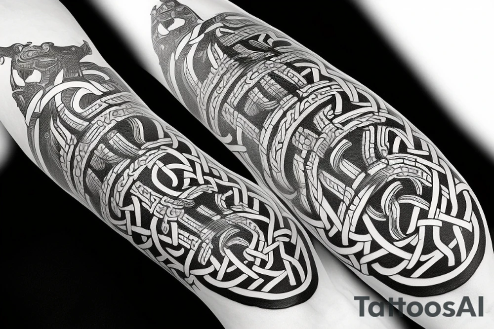 Oseberg style Viking ship jormungandr wood carving arm sleeve tattoo idea