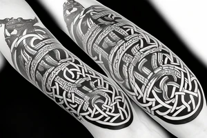 Oseberg style Viking ship jormungandr wood carving arm sleeve tattoo idea