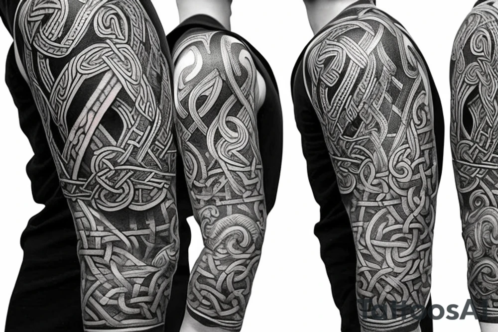 Oseberg style Viking ship jormungandr wood carving arm sleeve tattoo idea