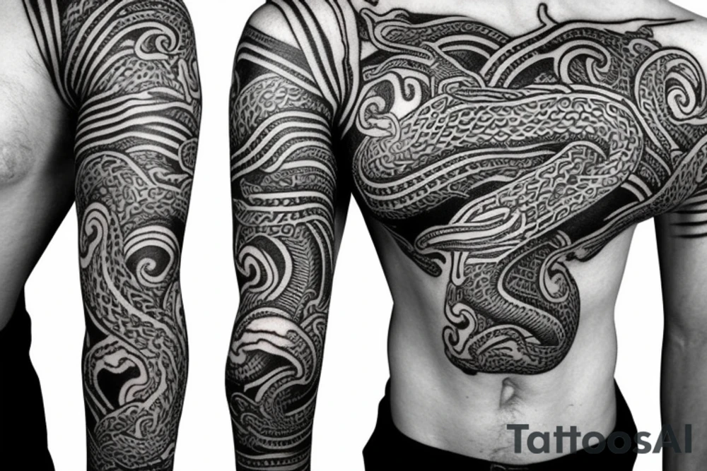 Oseberg style northern black style sea serpent jormungandr arm sleeve tattoo idea