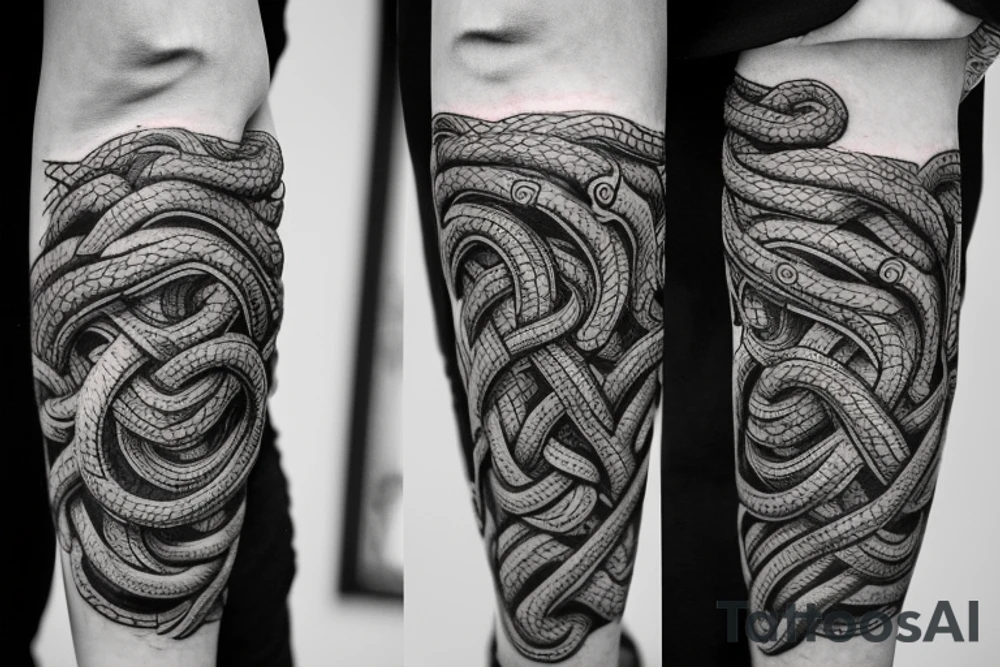 Oseberg style stone carving jormungandr in knots arm sleeve tattoo idea
