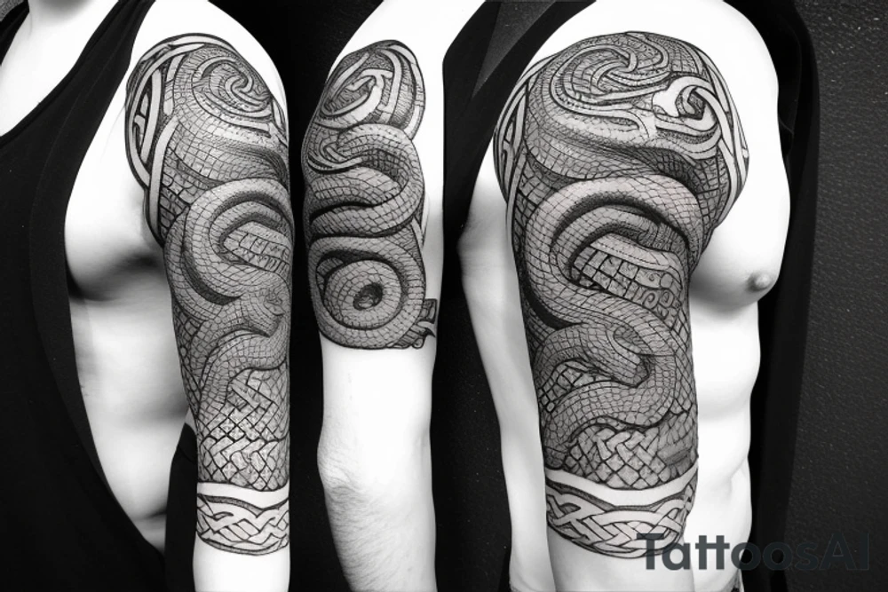 Oseberg style stone carving jormungandr in knots arm sleeve Viking art tattoo idea