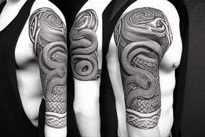 Oseberg style stone carving jormungandr in knots arm sleeve Viking art tattoo idea