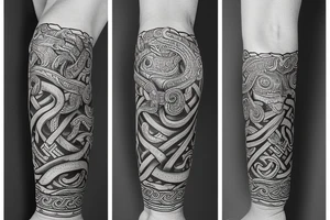Oseberg style stone carving jormungandr in knots arm sleeve Viking artifact historical tattoo idea