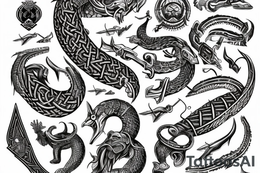 Osberg style leviathan Viking historical carving for an arm sleeve tattoo idea
