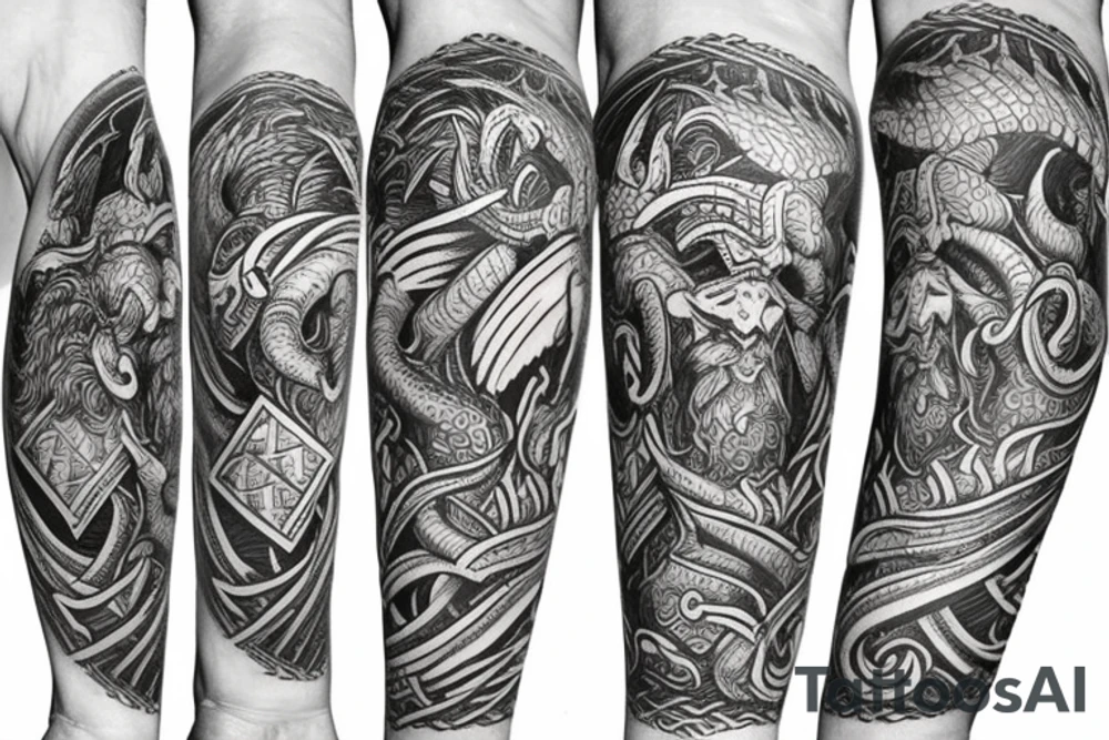 Osberg style leviathan Viking historical carving for an arm sleeve tattoo idea