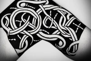 Osberg style rune stone carving of knotted fraying rope of jormungandr for an arm sleeve tattoo idea