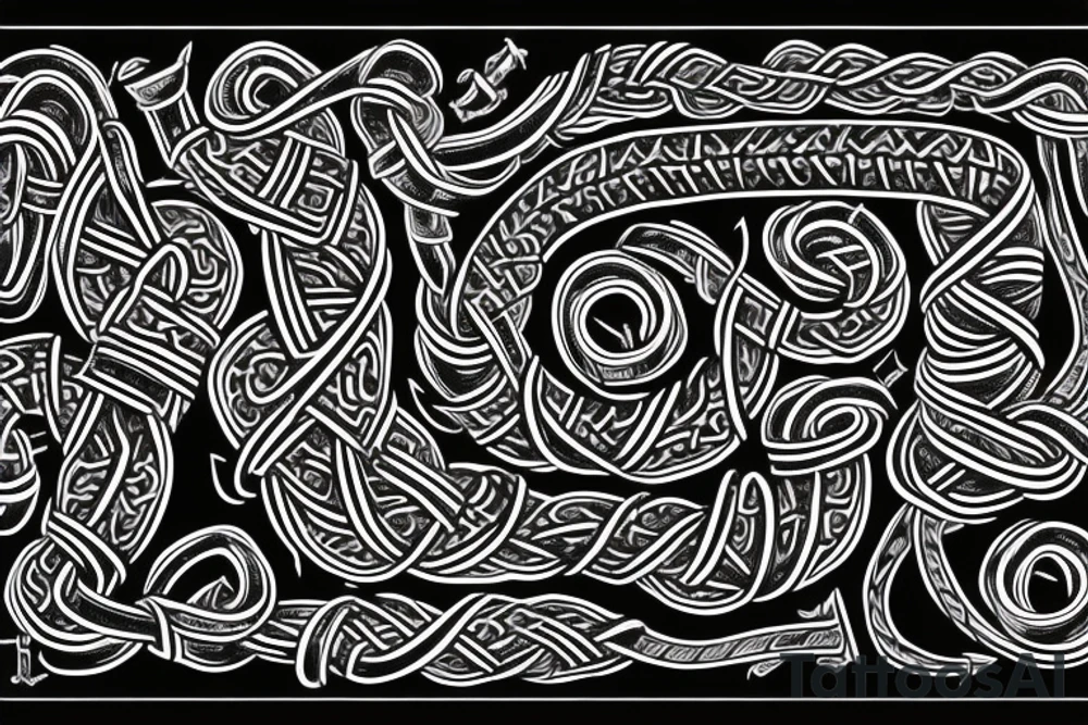 Osberg style rune stone carving of knotted fraying  jormungandr for an arm sleeve tattoo idea