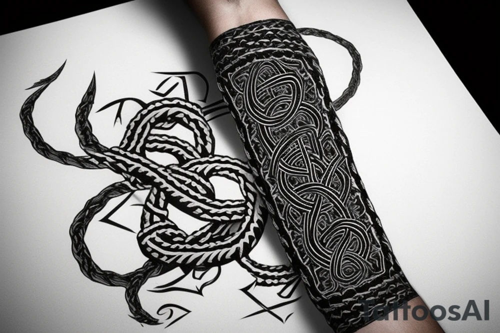Osberg style Norse rune stone carving of knotted fraying  jormungandr for an arm sleeve tattoo idea