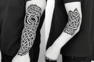 Osberg style Norse rune stone carving of knotted fraying  jormungandr Viking ship for an arm sleeve tattoo idea