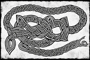 Osberg style Norse rune stone carving of knotted fraying  jormungandr Viking ship for an arm sleeve tattoo idea