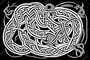 Osberg style Norse rune stone carving of knotted fraying  jormungandr Viking ship for an arm sleeve tattoo idea
