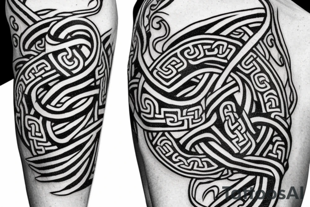 Osberg style Norse rune stone carving of knotted fraying  jormungandr Viking ship for an arm sleeve tattoo idea