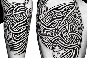 Osberg style Norse rune stone carving of knotted fraying  jormungandr Viking ship for an arm sleeve tattoo idea