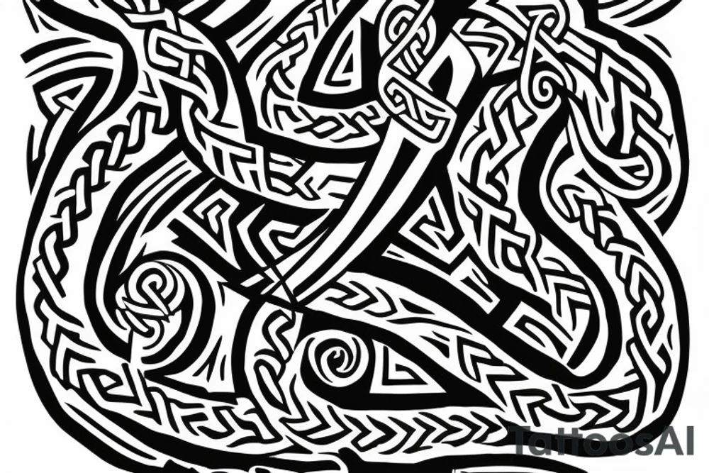 Osberg style Norse rune stone carving of knotted fraying  jormungandr Viking ship for an arm sleeve tattoo idea