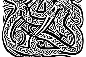 Osberg style Norse rune stone carving of knotted fraying  jormungandr Viking ship for an arm sleeve tattoo idea