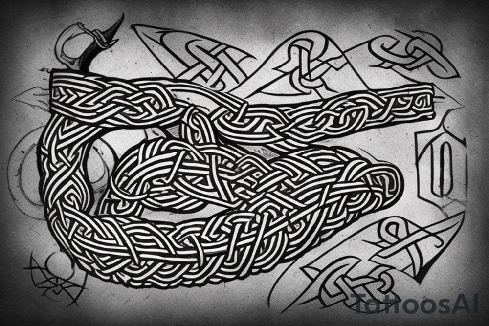 Osberg style Norse rune stone carving of knotted fraying  jormungandr Viking ship for an arm sleeve tattoo idea