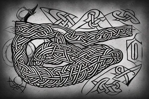 Osberg style Norse rune stone carving of knotted fraying  jormungandr Viking ship for an arm sleeve tattoo idea