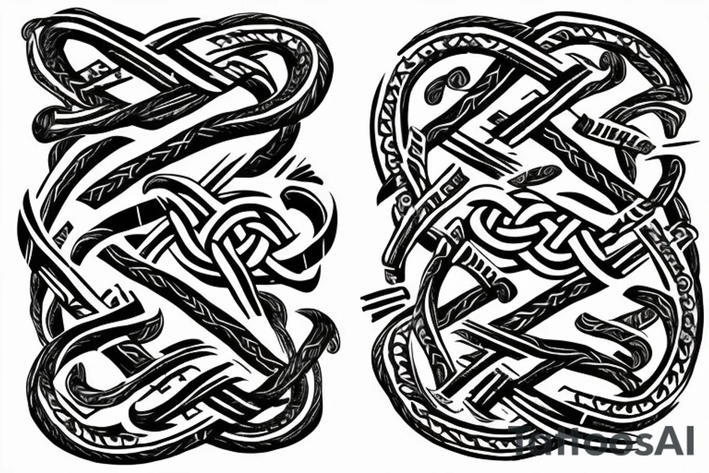 Osberg style Norse rune stone carving of knotted fraying  jormungandr Viking ship for an arm sleeve tattoo idea