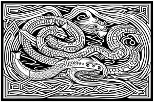Osberg style Norse rune stone carving of the sea serpent jormungandr Viking ship for an arm sleeve tattoo idea
