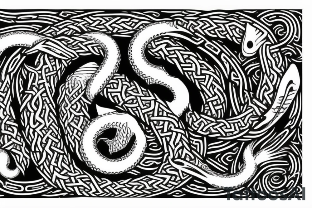 Osberg style Norse rune stone carving of the sea serpent jormungandr Viking ship for an arm sleeve tattoo idea