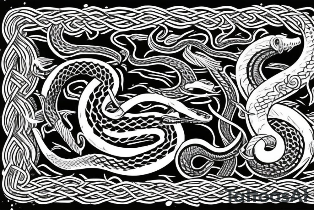 Osberg style Norse rune stone carving of the sea serpent jormungandr abstract snake Viking ship for an arm sleeve tattoo idea
