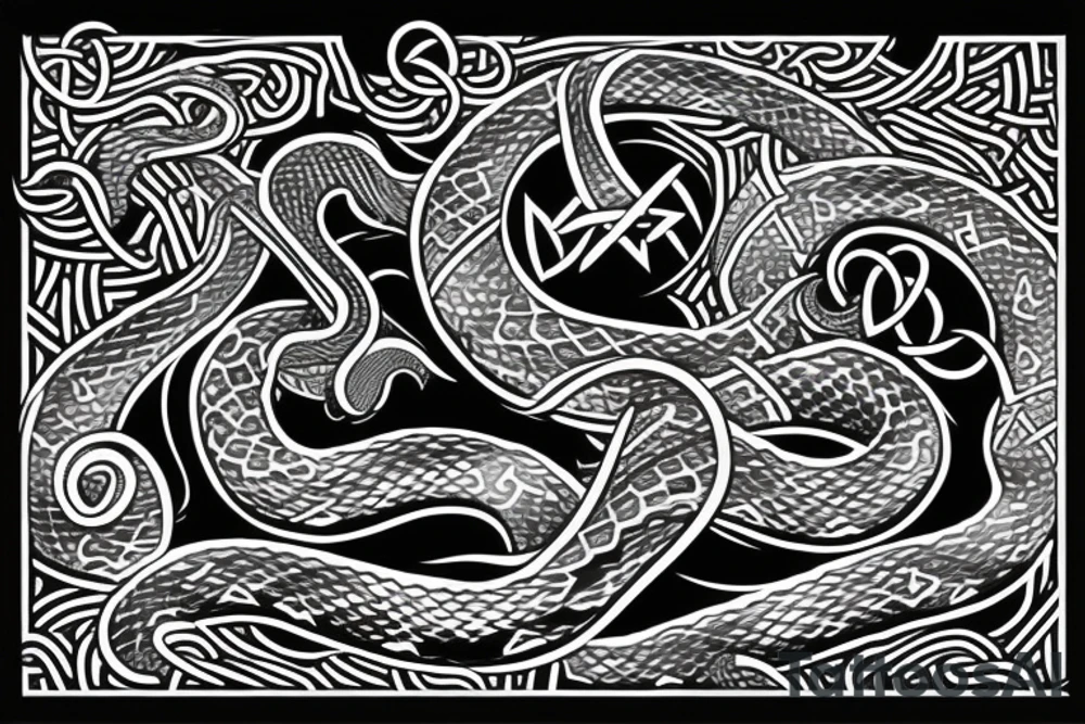 Osberg style Norse rune stone carving of the sea serpent jormungandr abstract snake Viking ship for an arm sleeve tattoo idea