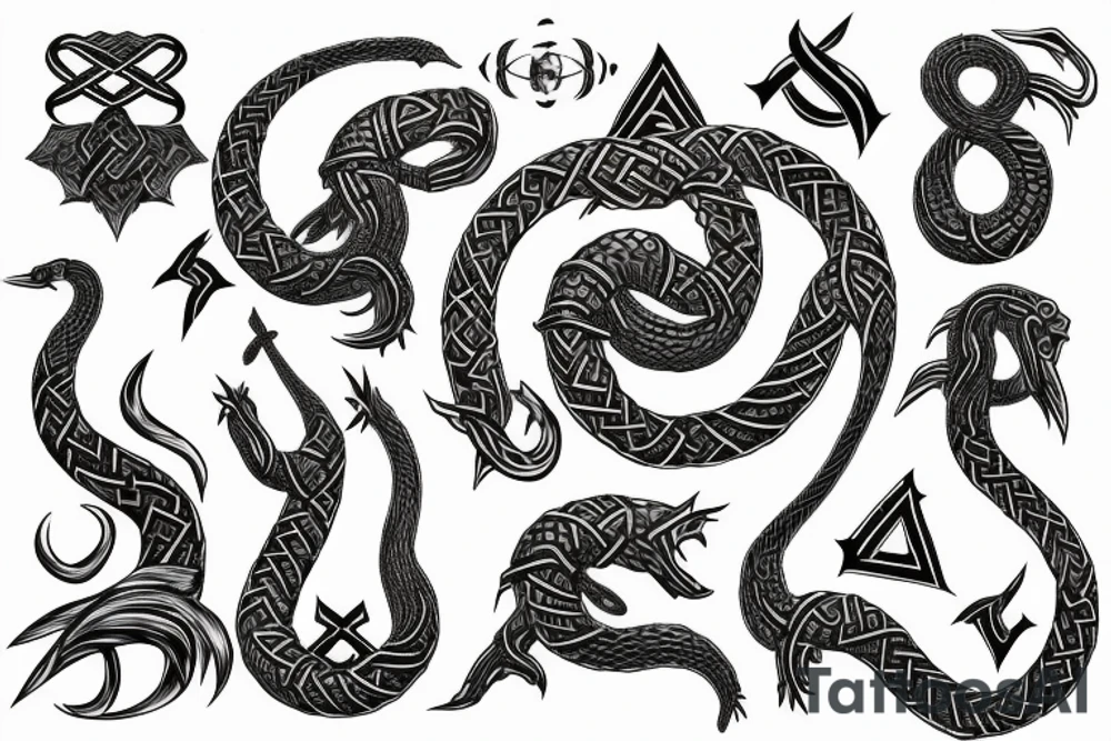 Osberg style Norse rune stone carving of the sea serpent jormungandr warring with thor tattoo idea