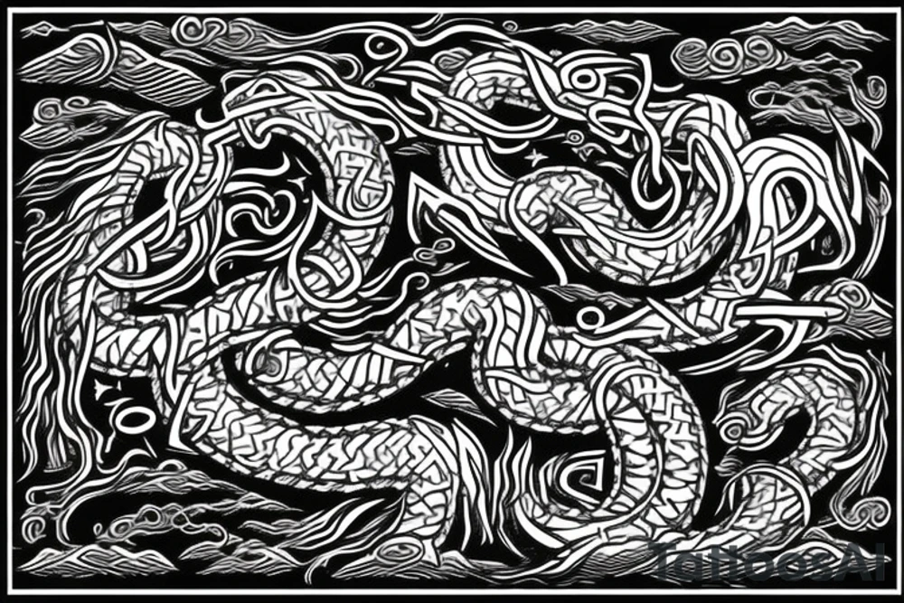 Osberg style Norse rune stone carving of the sea serpent jormungandr warring with thor tattoo idea