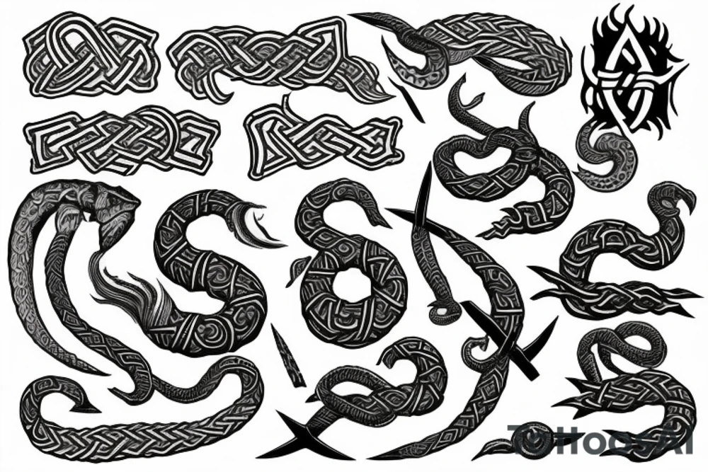 Osberg style Norse rune stone carving of the sea serpent jormungandr warring with thor tattoo idea