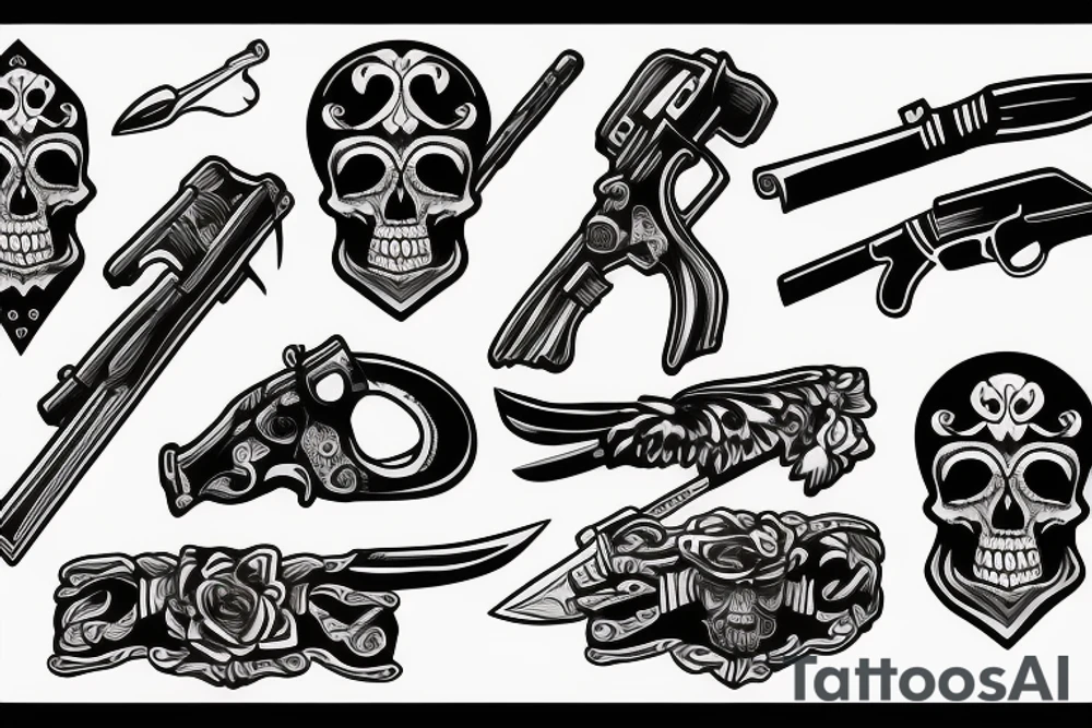 Skull with knife and gun tattoo idea