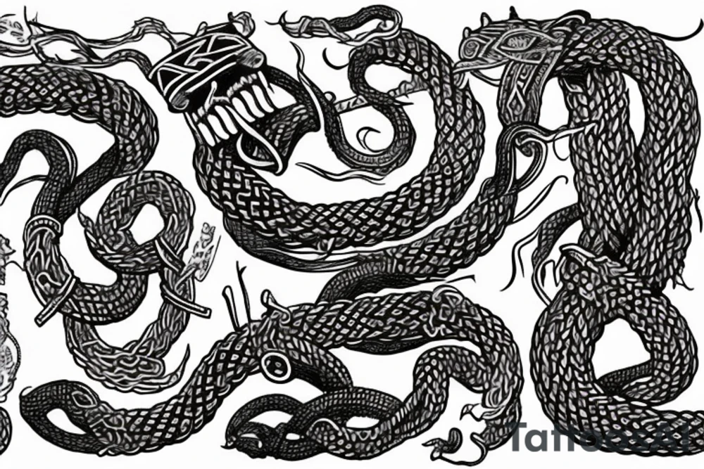 Jormungandr in the viking style of Jelling, Urnes, and Oseberg as depicted in norse artifacts to be made into an arm sleeve tattoo idea