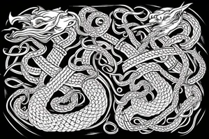 Jormungandr in the viking style of Jelling, Urnes, and Oseberg as depicted in norse artifacts to be made into an arm sleeve tattoo idea