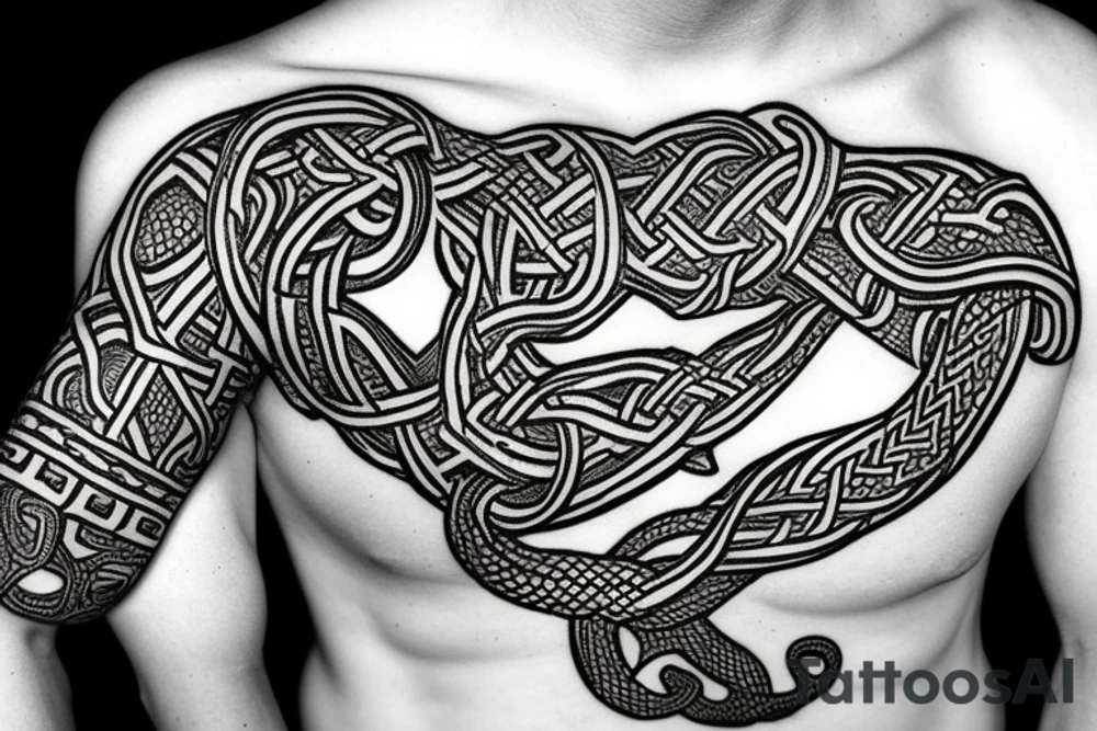 Jelling/Urnes Viking style carving of Jormungandr made into an arm sleeve tattoo idea