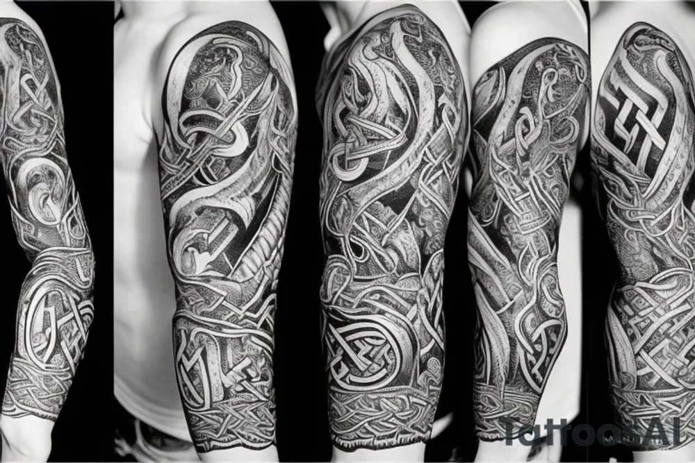 Jelling/Urnes Viking style carving of Jormungandr made into an arm sleeve tattoo idea