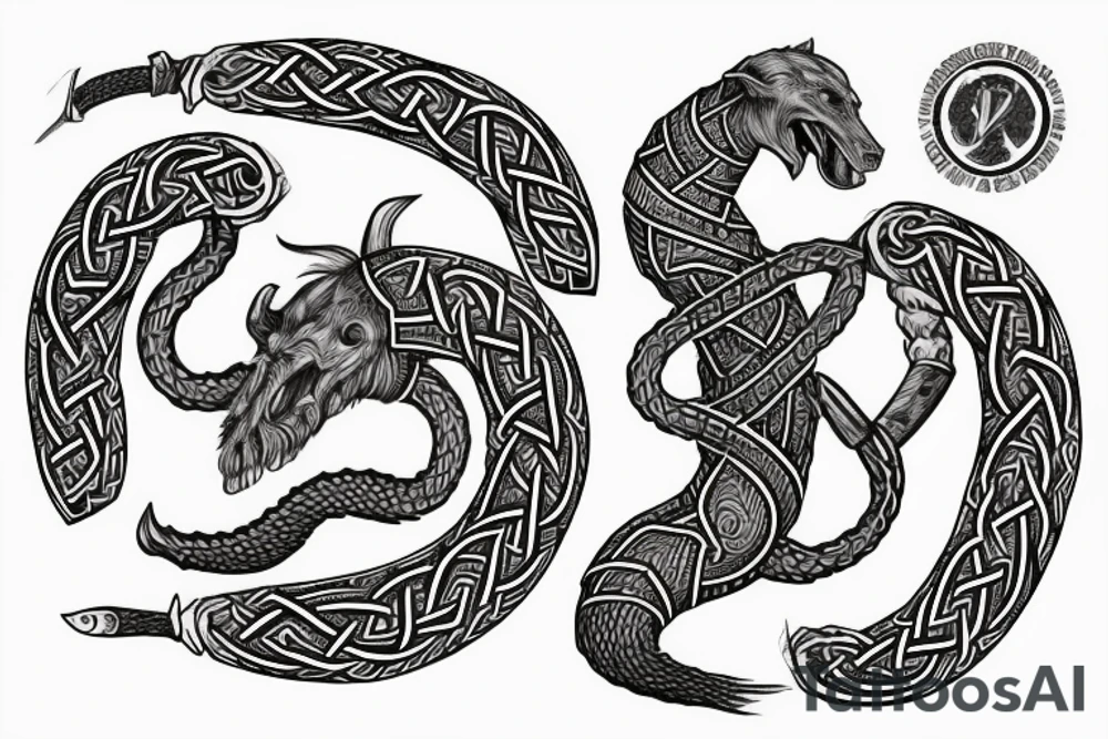 Jelling/Urnes Archaic Viking style carving of Jörmungandr fighting grey hound 
made into an arm sleeve tattoo idea