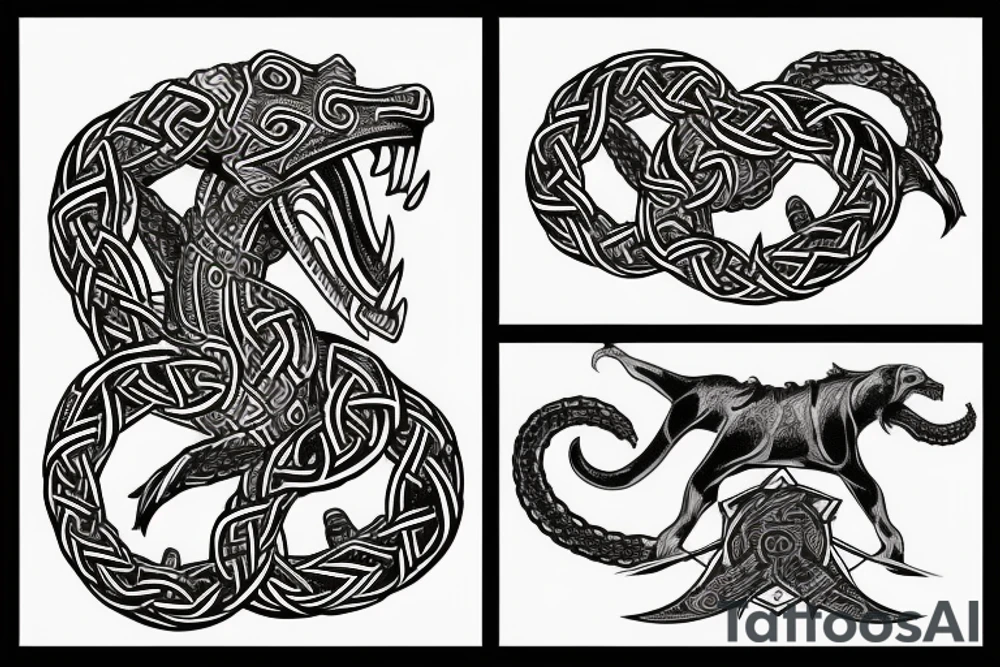 Jelling/Urnes Archaic Viking style carving of Jörmungandr fighting grey hound 
made into an arm sleeve tattoo idea