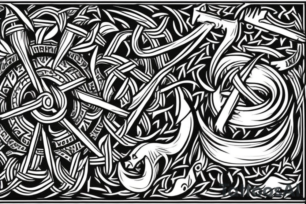 Stave Church urnes Archaic Viking style carving of Jörmungandr fighting 
made into an arm sleeve tattoo idea