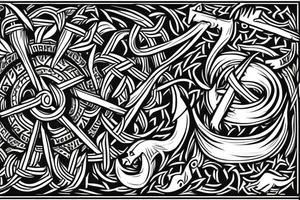 Stave Church urnes Archaic Viking style carving of Jörmungandr fighting 
made into an arm sleeve tattoo idea